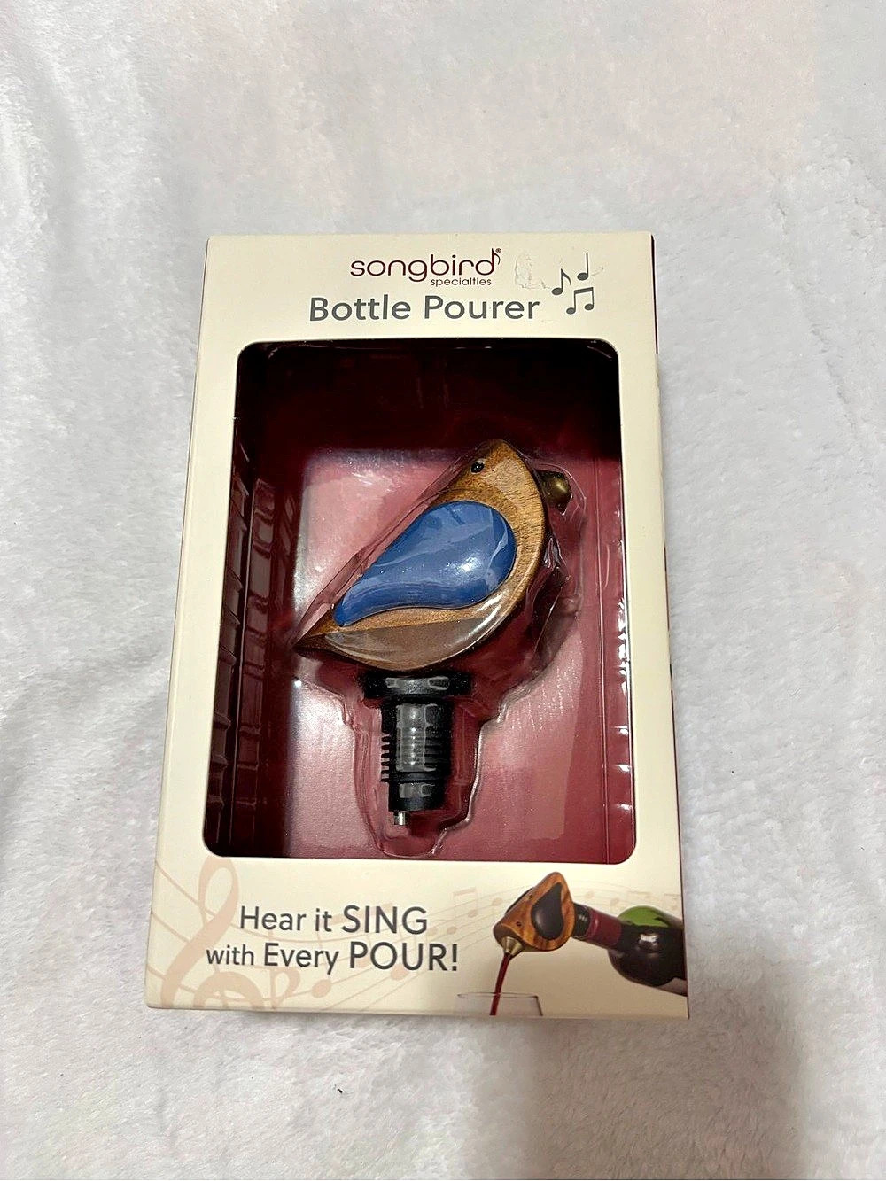 Songbird Specialties Singing Bottle Pourer - Blue & Wood Novelty Wine Spout NWT